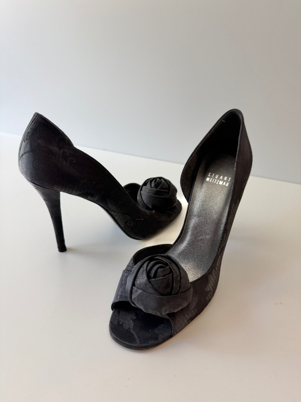 Stuart Weitzman "Pomposo" Black Satin Rosette Peep-Toe Pumps – Size 10M